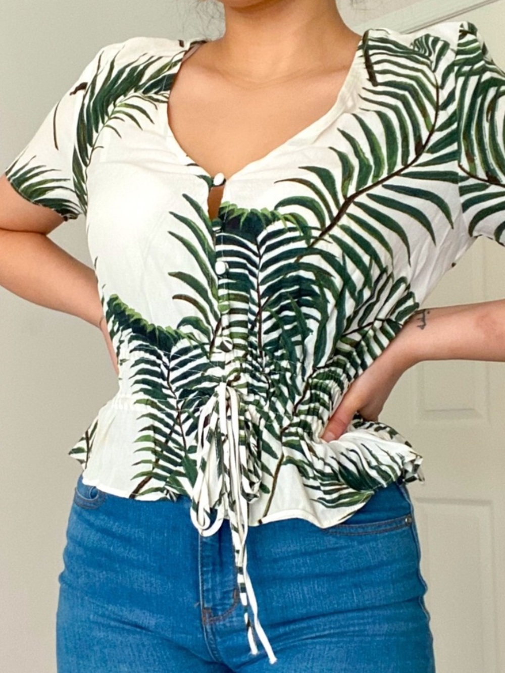 H&M Tropical Palm Print Peplum Blouse